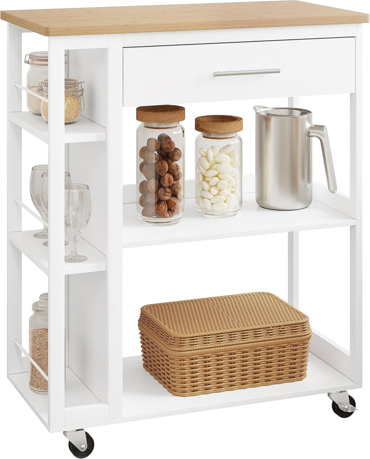 Carrello da cucina WOLTU, con ruote, 73 × 38 × 88 cm, Bianco, bambù, per bagno