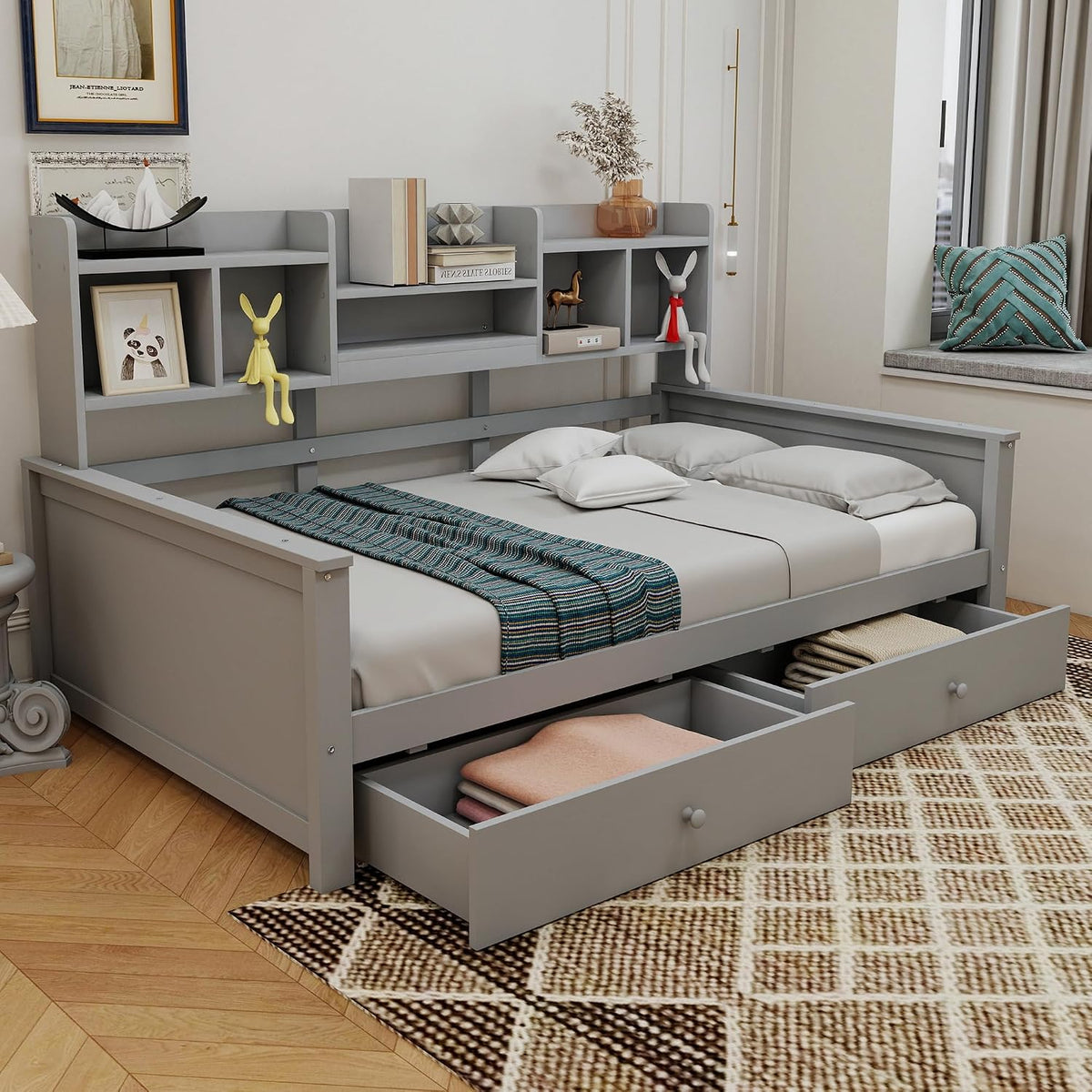 Dolamaní Divano letto, singolo, 90 × 200 cm, Grigio, legno, con rete a doghe, materasso non incluso, per soggiorno