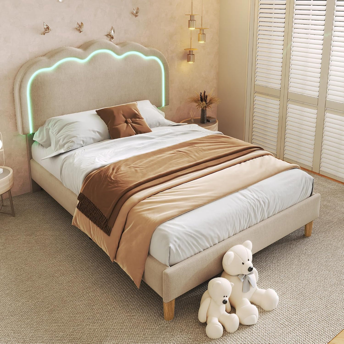 Zepneiy Letto singolo imbottito 90 × 200 cm Beige, testiera regolabile con LED, rete a doghe, lino, senza materasso