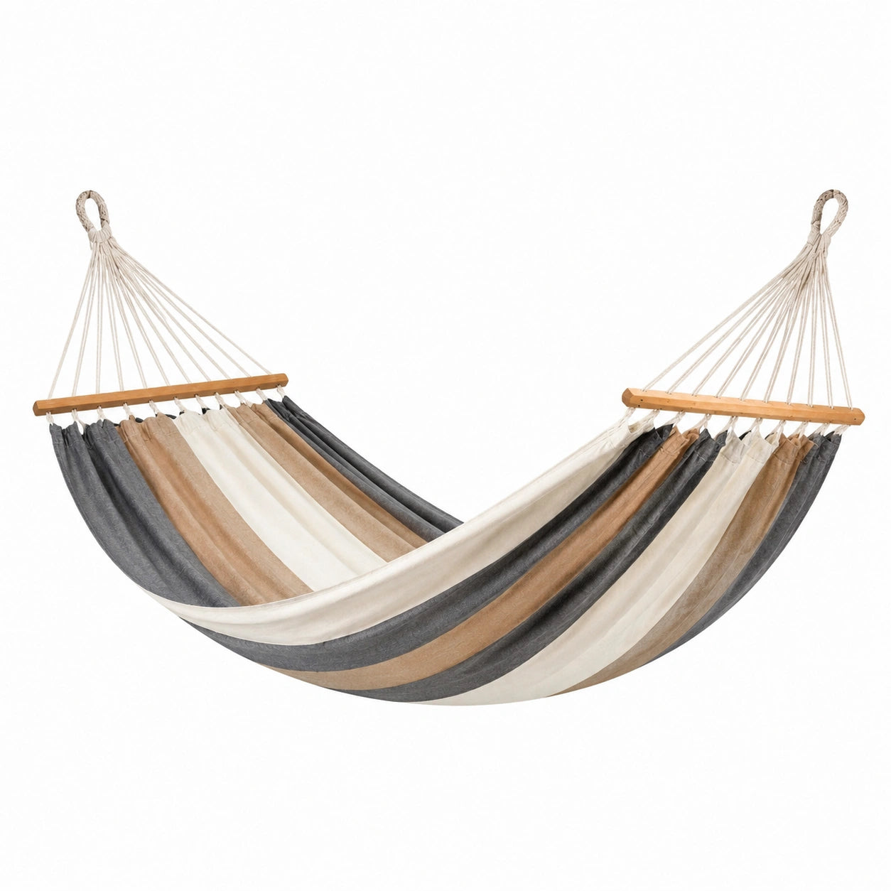 Amaca in Cotone a Strisce Grigio, Beige e Bianco con Barre in Legno