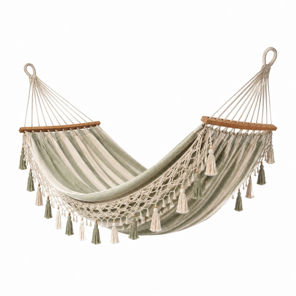 Amaca in Cotone con Corde Macramè Verde Bianco 200x150 cm