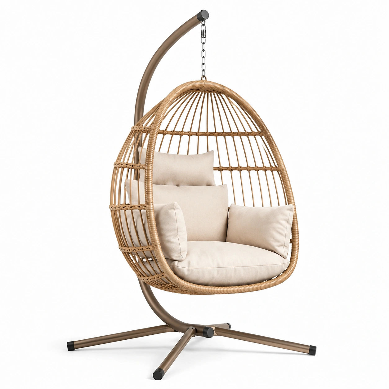 Poltrona sospesa in rattan sintetico con cuscini in poliestere, beige