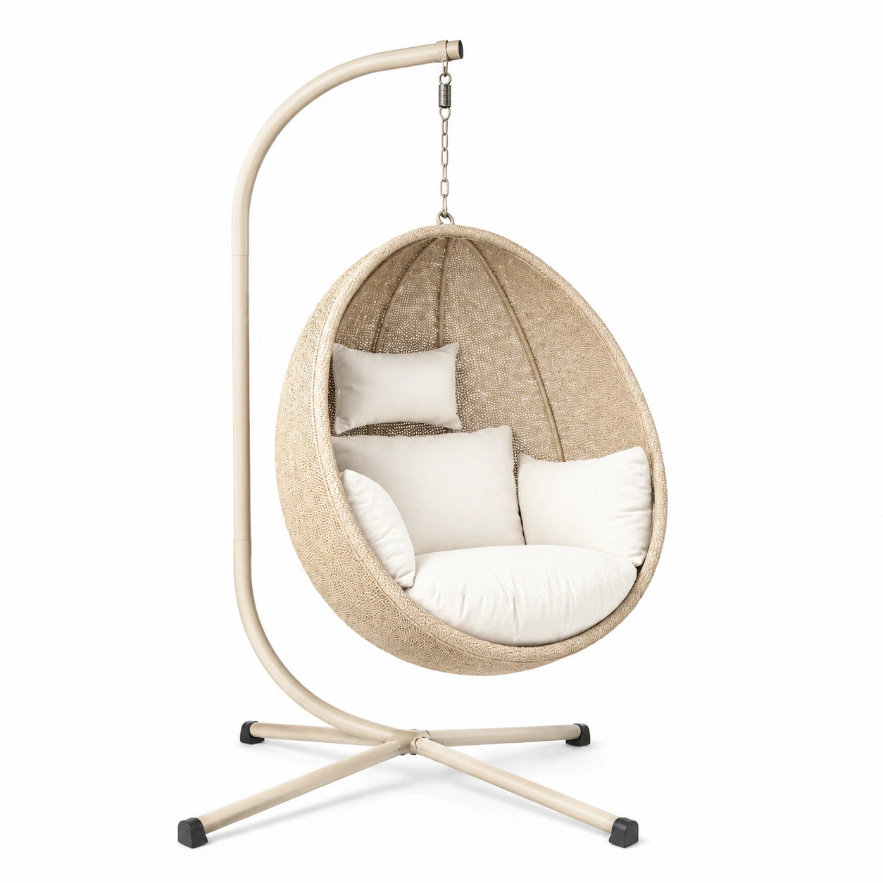 Poltrona sospesa in rattan sintetico e acciaio con cuscini in poliestere beige