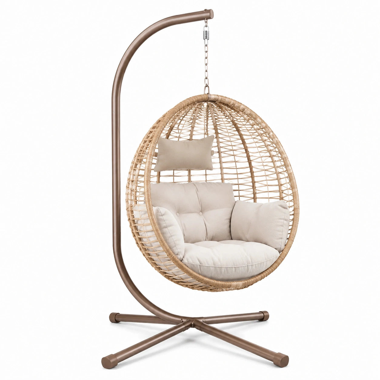 Sedia sospesa a uovo in rattan sintetico beige con struttura in acciaio