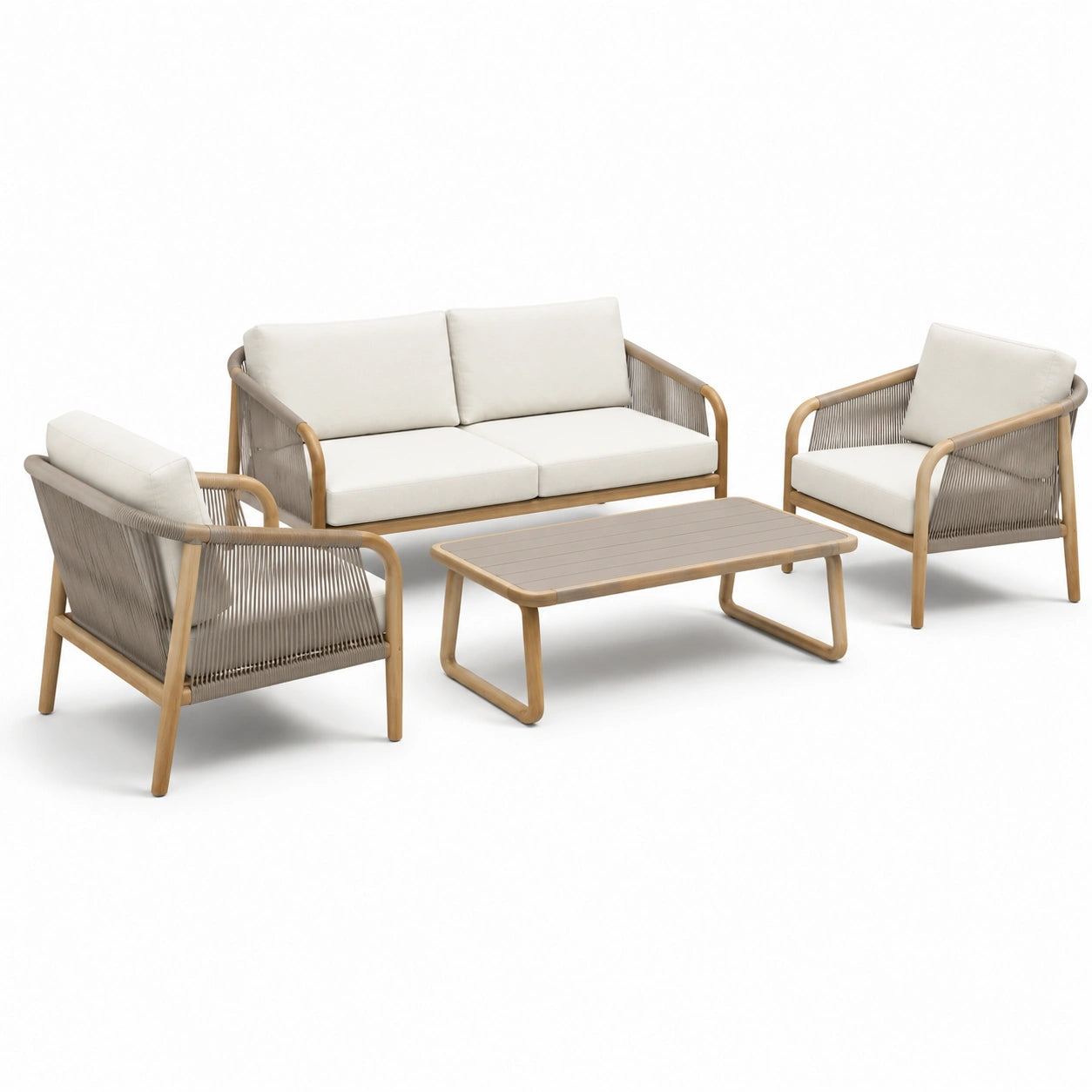 Set salotto da giardino 4 pezzi in legno con divano, poltrone e tavolino