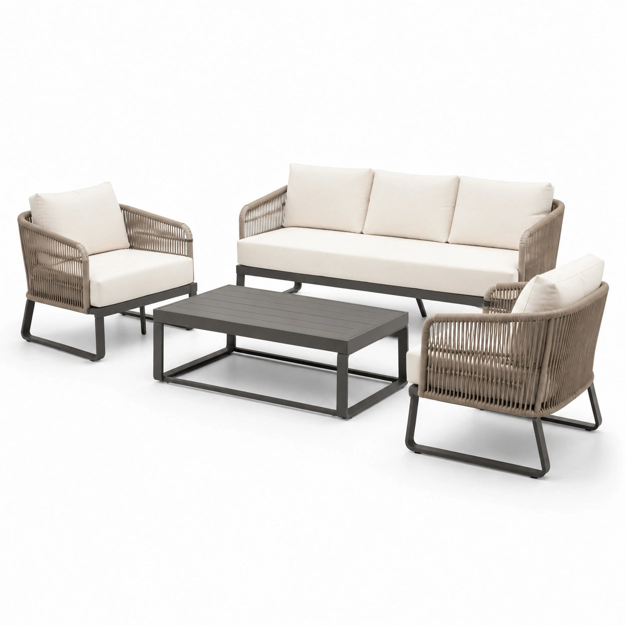 Set salotto giardino in metallo e corda con cuscini in poliestere beige