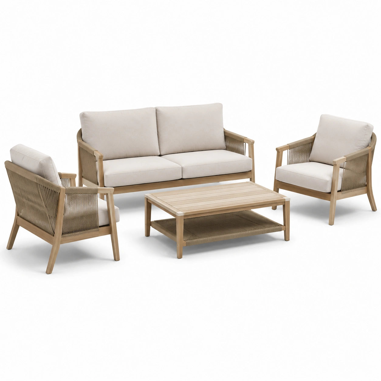 Set da giardino in legno con divano, poltrone e tavolino rettangolare beige