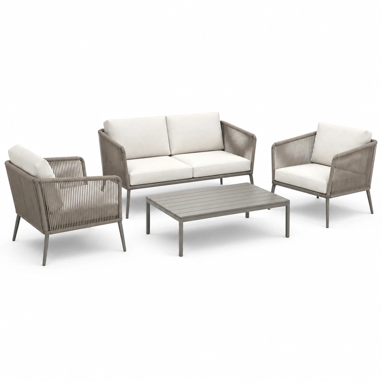 Set salotto da giardino in metallo con cuscini grigio e crema