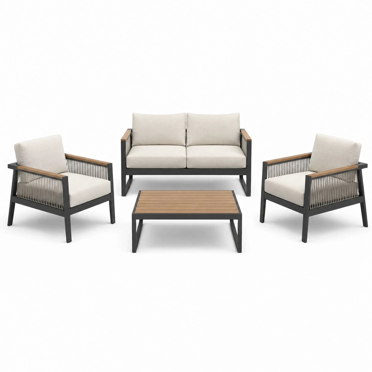 Set da giardino in metallo e legno con divano e poltrone