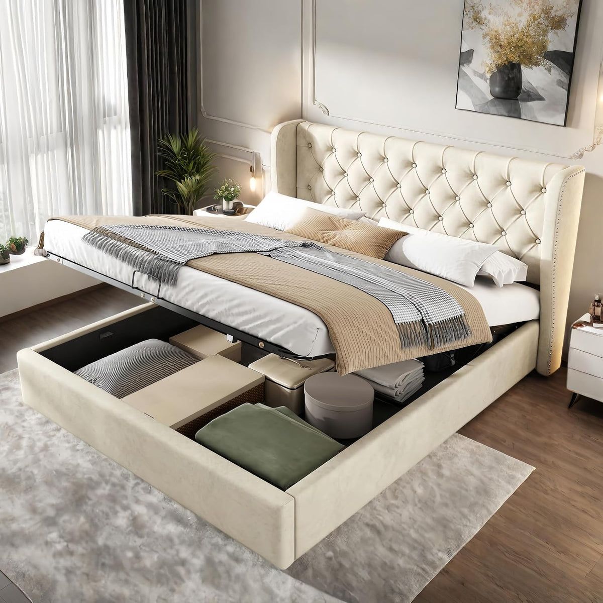 Lubvtti Struttura letto, matrimoniale, Beige, velluto, con contenitore, con rete a doghe, imbottito, misura 180 × 200, per camera da letto