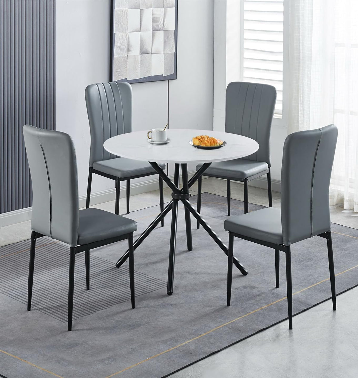 Hallowood Furniture Set da pranzo, 75 × 90 × 90 cm, 96 × 42 × 56 cm, 4 pezzi, Bianco, similpelle, per sala da pranzo e cucina