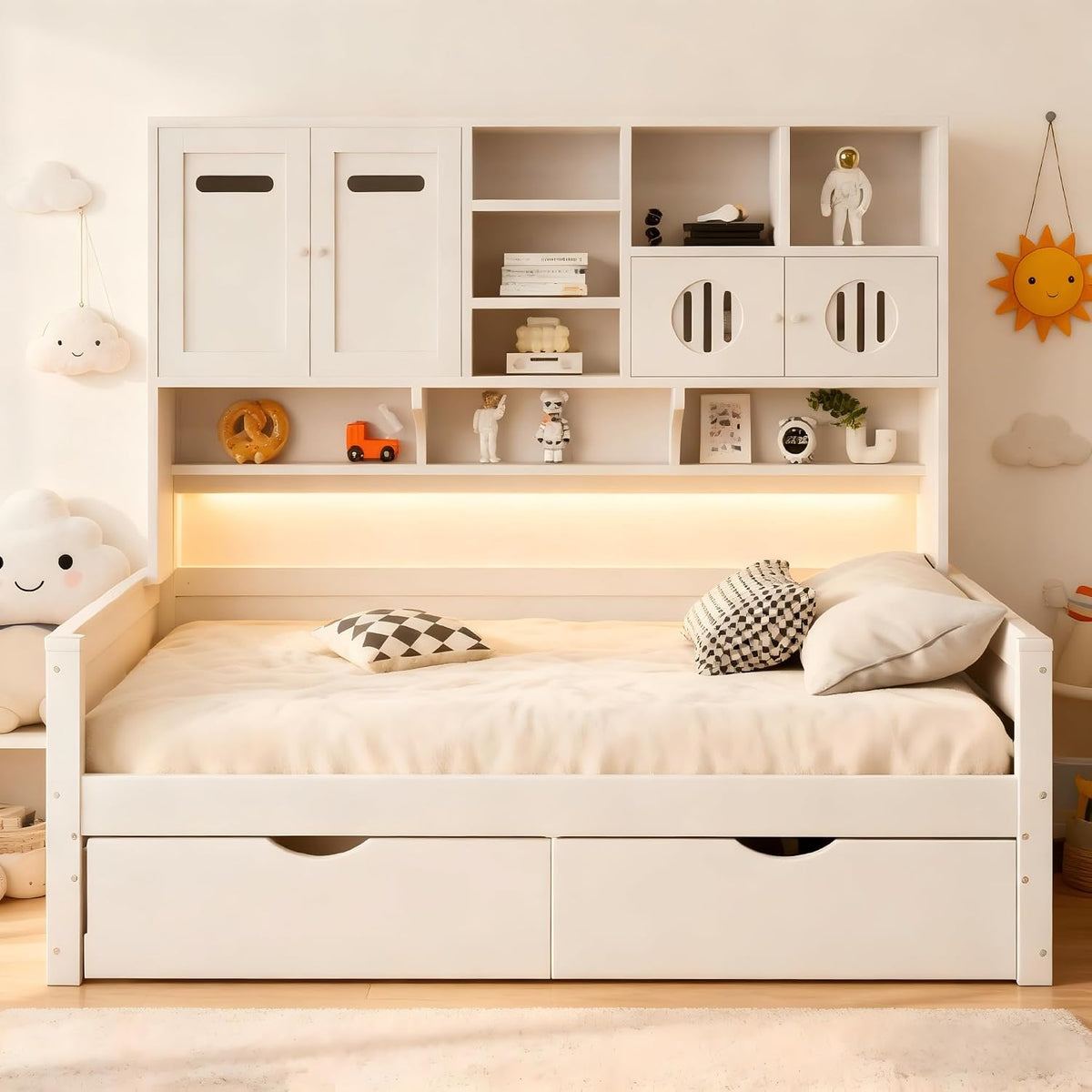Divano letto Soweiz, 90 × 200 cm, Bianco, singolo, con rete a doghe, legno, materasso non incluso, per soggiorno