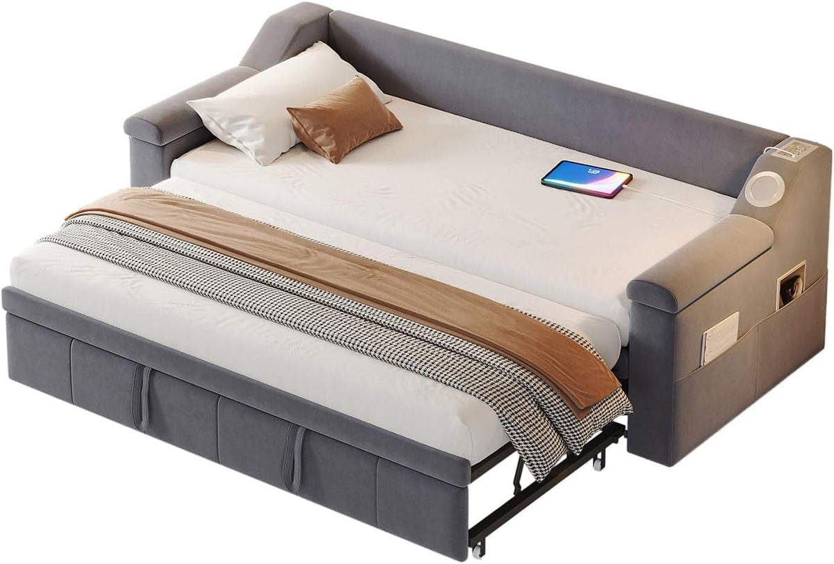 Divano letto Billg, 2 posti, matrimoniale, Grigio chiaro/Grigio, 90 × 190cm, metallo, materasso non incluso, trasformabile, con braccioli