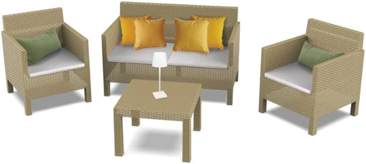 Set di mobili da giardino CRISCUOLO Brico, Bianco, 4 pezzi, 2 posti, 2 poltrone, rattan, con cuscini, per giardino e terrazzo