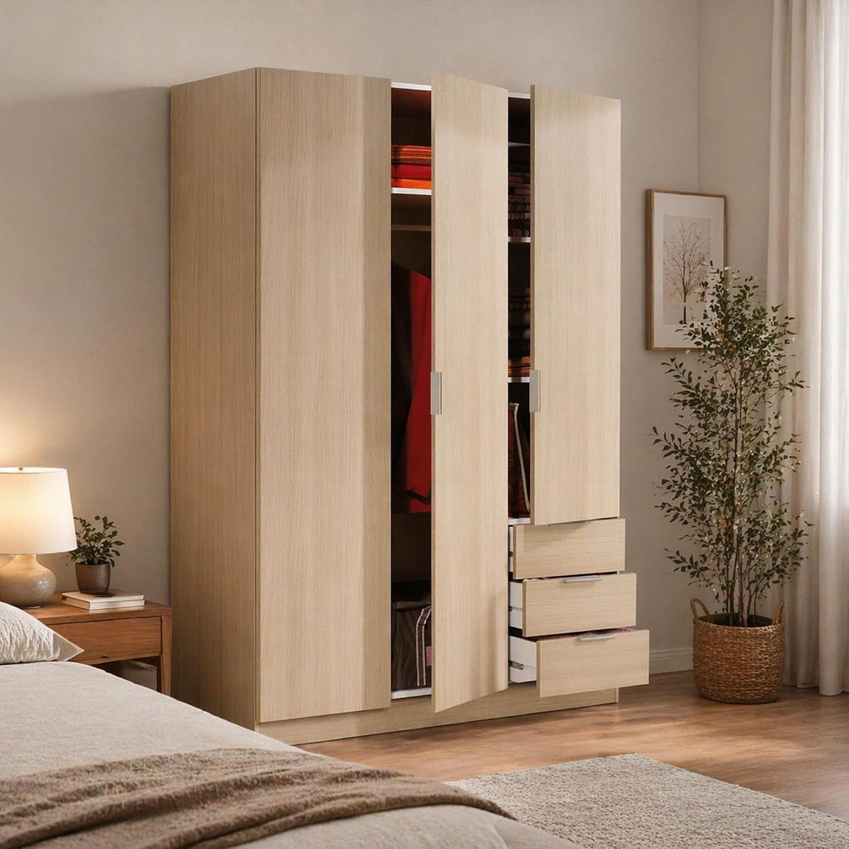 Armadio guardaroba Dmora, 3 ante, 3 cassetti, 3 ripiani, Rovere, per camera da letto