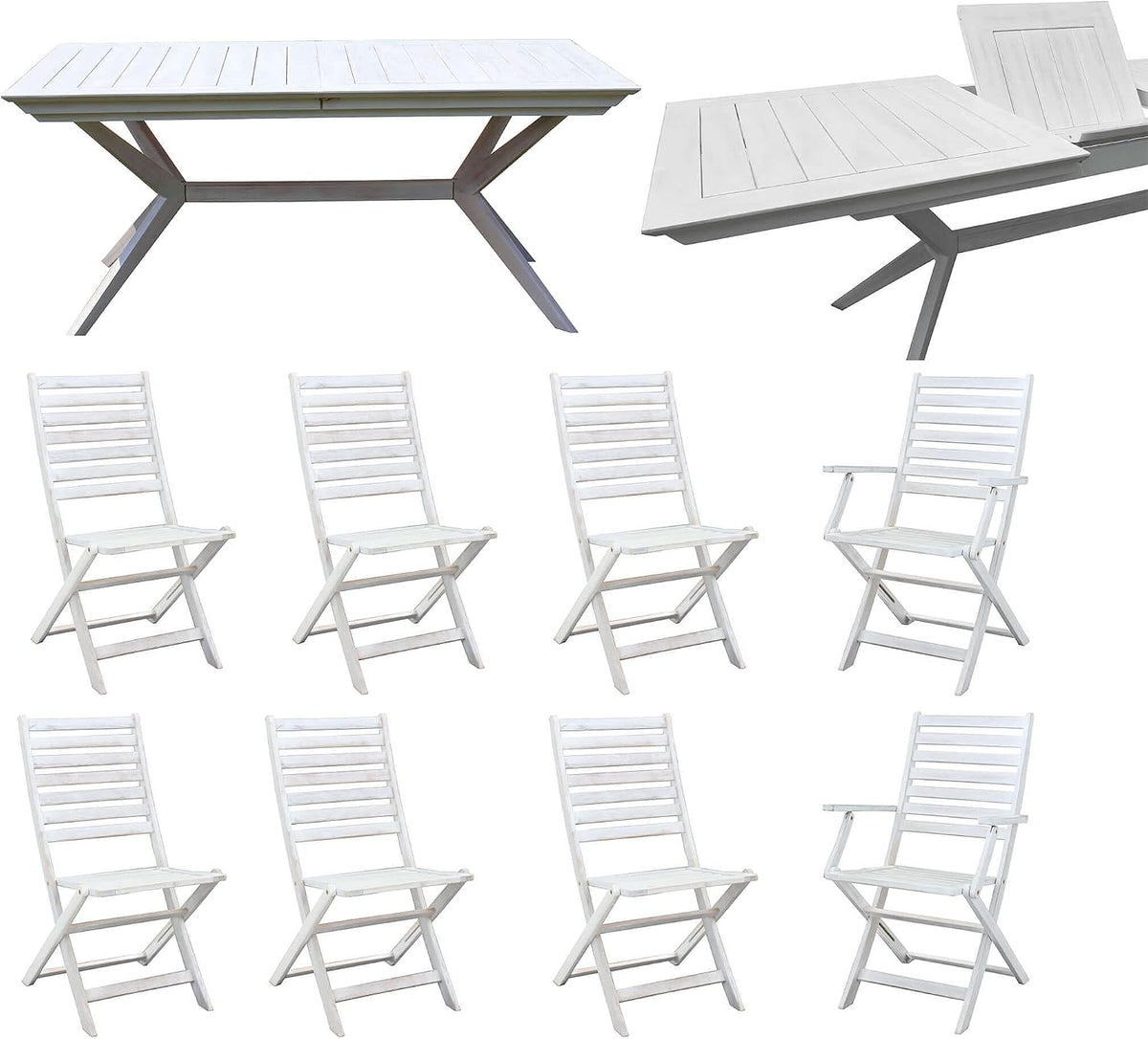 milani home Set da pranzo, 55 × 57 × 91 cm, 46 × 57 × 91 cm, Bianco, 6 sedie, 2 poltrone, allungabile, legno, per giardino e terrazzo