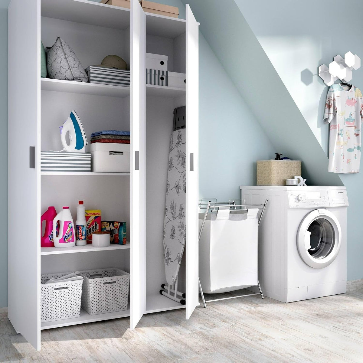 Armadio Dmora, 35 × 190 cm, Bianco, 4 ripiani, portascope