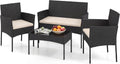Set di mobili da giardino GIANTEX, 4 pezzi, 2 posti, 2 poltrone, Beige, rattan, vetro, con cuscini, con tavolino, per giardino e terrazzo