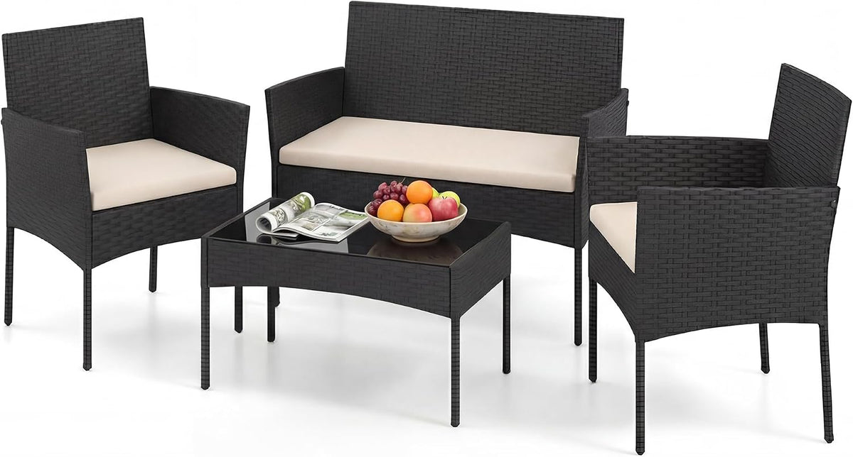 Set di mobili da giardino GIANTEX, 4 pezzi, 2 posti, 2 poltrone, Beige, rattan, vetro, con cuscini, con tavolino, per giardino e terrazzo
