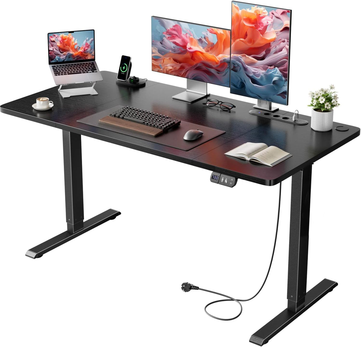 HLFURNIEU Scrivania, 120 × 60 cm, Nero, elettrico, regolabile, con porta USB, per ufficio