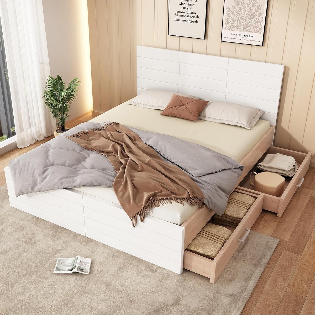 Letto Kayan, 160 × 200 cm, Bianco/Rovere, matrimoniale, con rete a doghe, legno, materasso non incluso, per camera da letto
