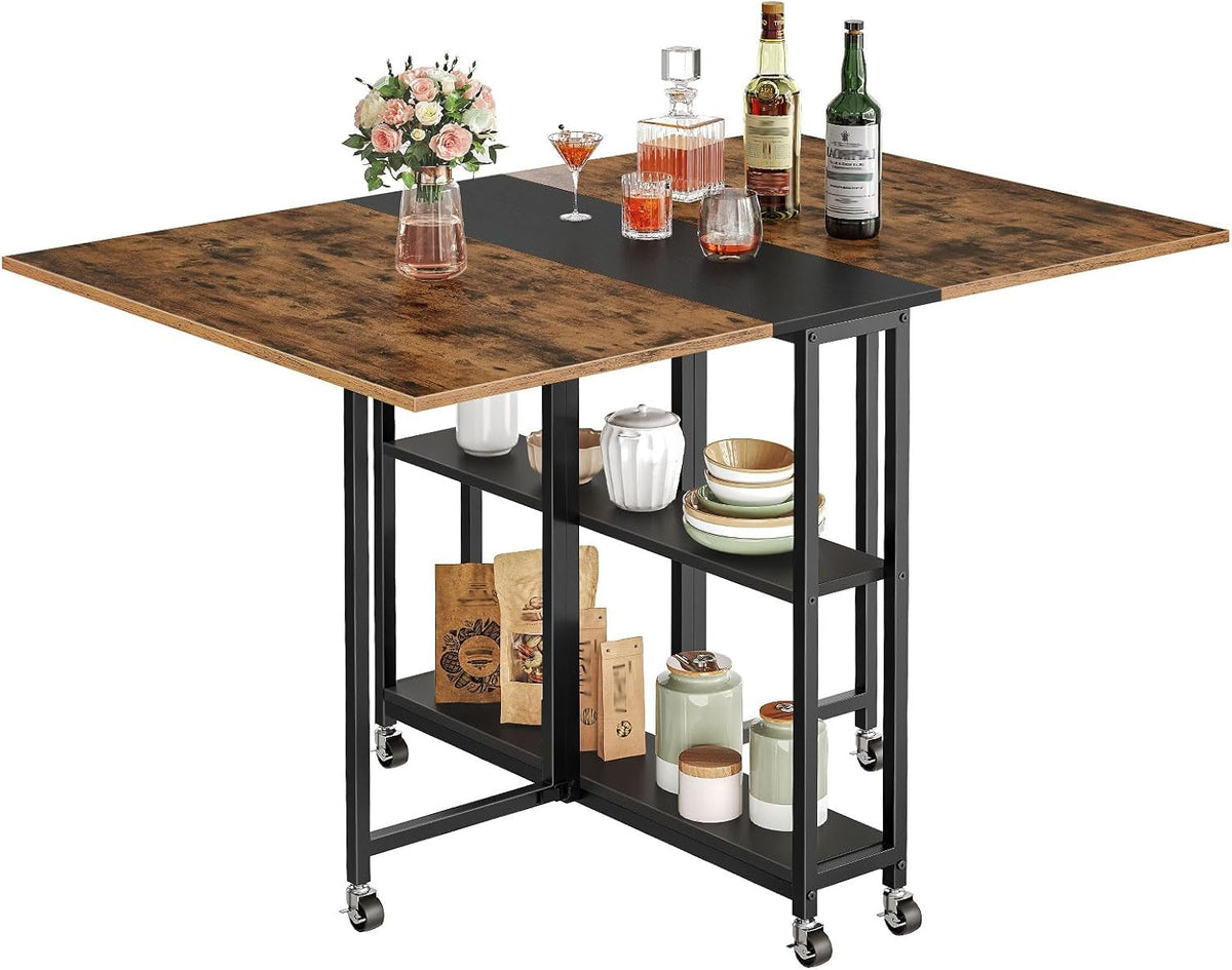 Tavolo da pranzo CHOEZON, DTCZ01BF, 120,5 × 80 × 76,5 cm, 80 × 25 × 76,5 cm, Marrone/Nero, 2 ripiani, pieghevole, metallo, per ufficio