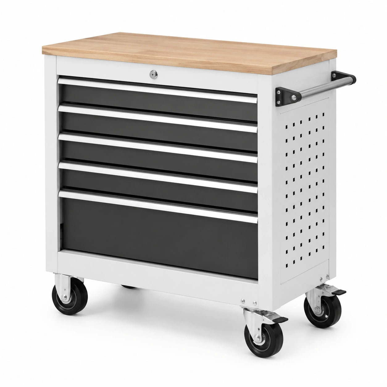 Carrello portautensili in metallo con 5 cassetti e piano in legno