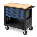 Carrello portautensili in metallo con piano in legno di faggio, blu e nero