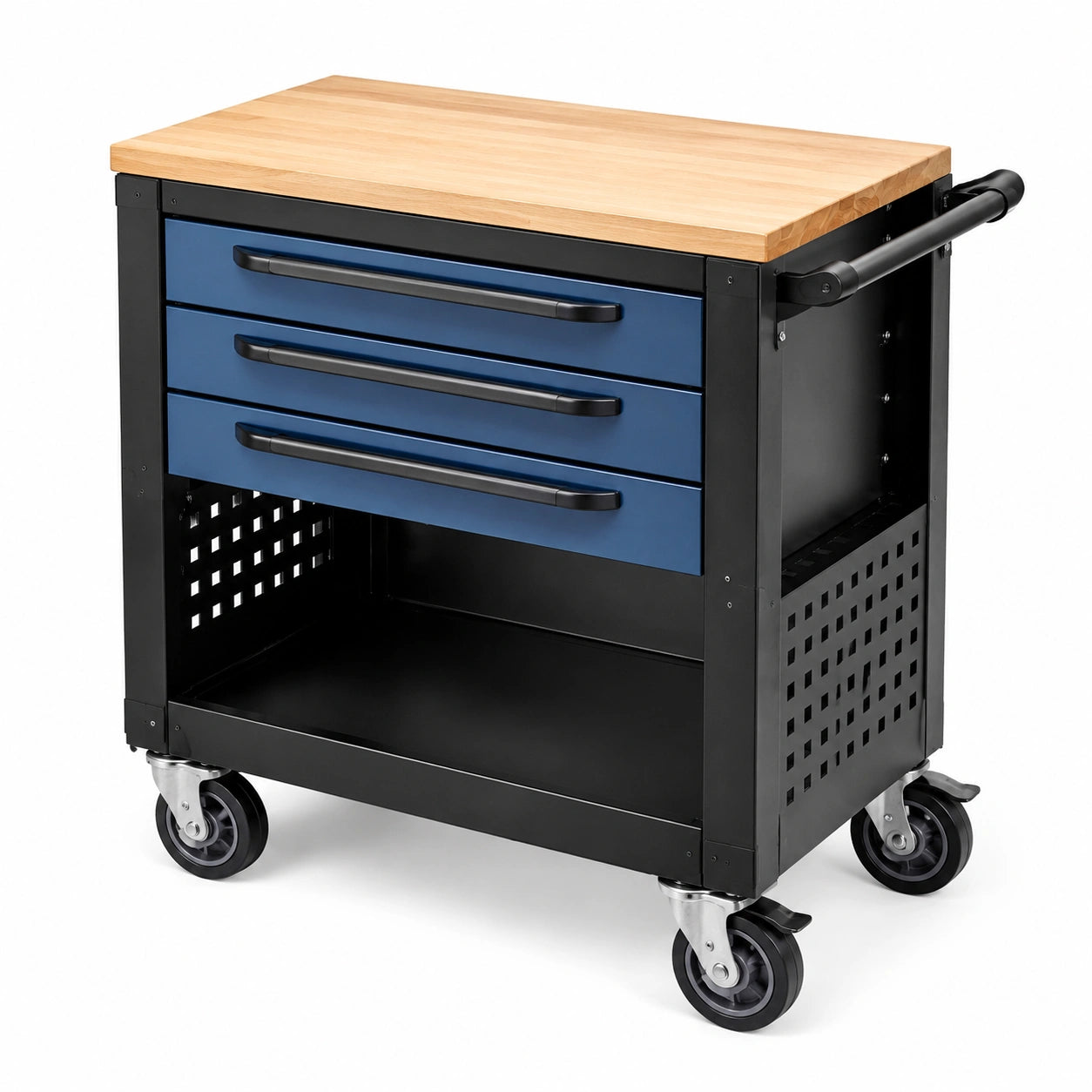 Carrello portautensili in metallo con piano in legno di faggio, blu e nero