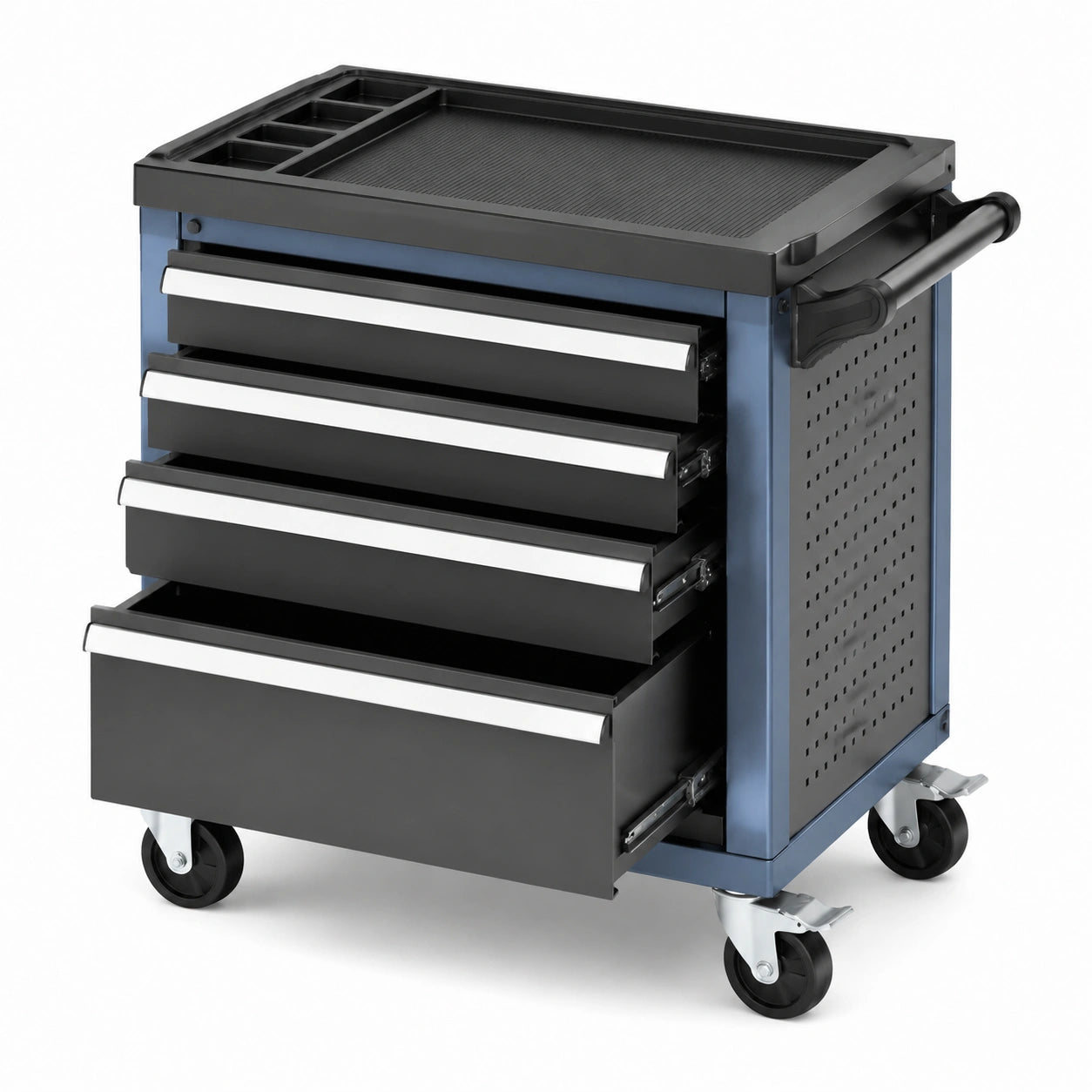 Carrello portautensili in acciaio nero e blu con ruote, 62x33x75 cm