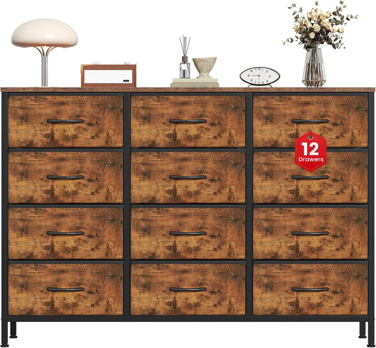 Cassettiera Feonase, 12 cassetti, Marrone, legno, tessuto, per soggiorno e camera da letto