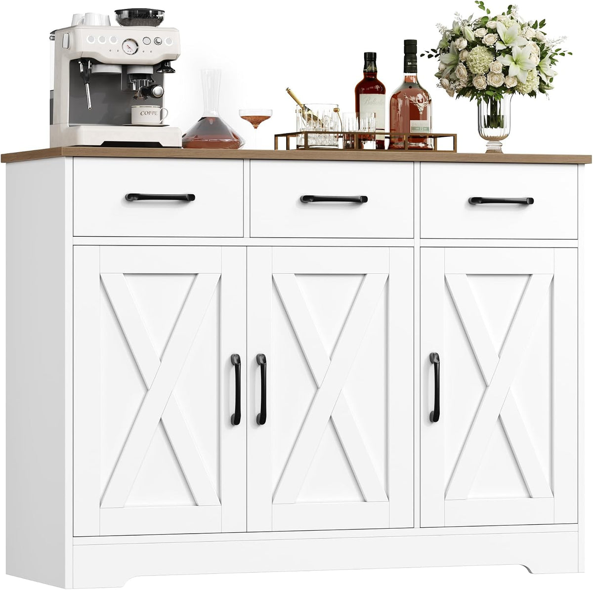 Credenza HOCSOK, 108 × 38,5 cm, 3 cassetti, Bianco/Marrone, legno, per soggiorno e sala da pranzo