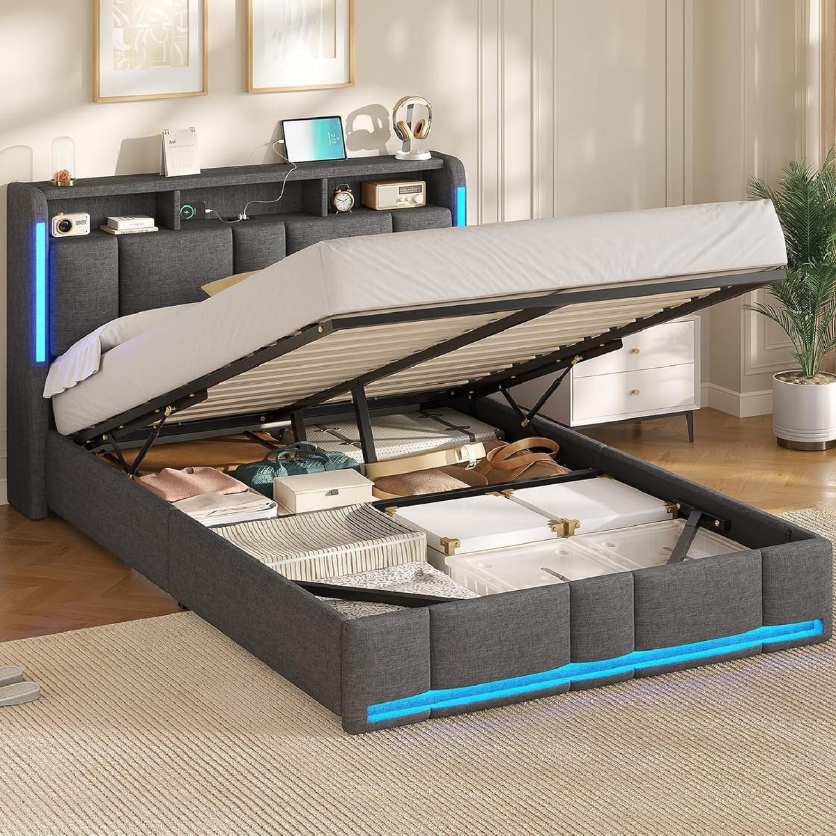 Letto AOGLLATI, matrimoniale, Grigio scuro, 140 × 190 cm, con testiera, con contenitore, con porta USB, imbottito, per camera da letto