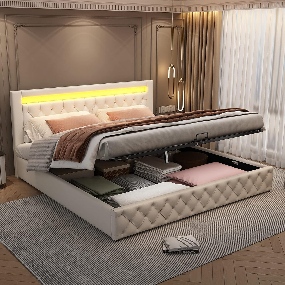 Rtopsu Letto, matrimoniale, 180 × 200 cm, Bianco, legno, con contenitore, con rete a doghe, imbottito, materasso non incluso, per camera da letto
