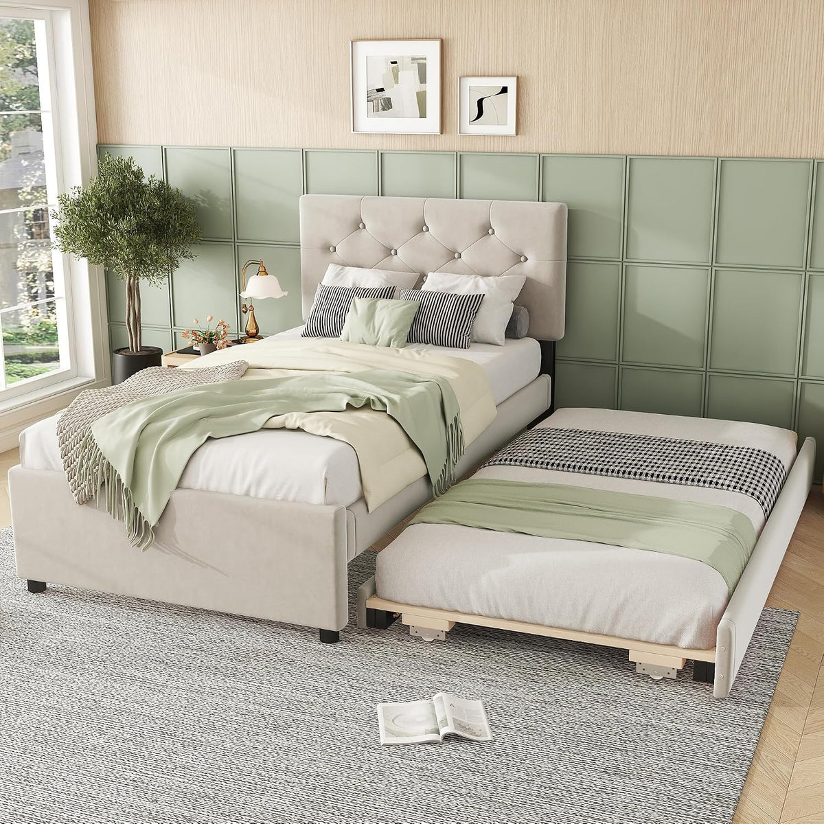 Letto Dolamaní, imbottito, 90 × 200 cm, singolo, Beige, velluto, per camera da letto