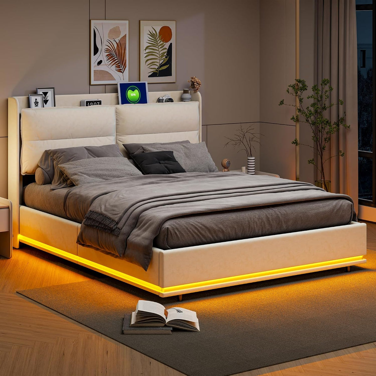 Letto JiaOyu, 160 × 200 cm, matrimoniale, con contenitore, con porta USB, imbottito, materasso non incluso, per camera da letto