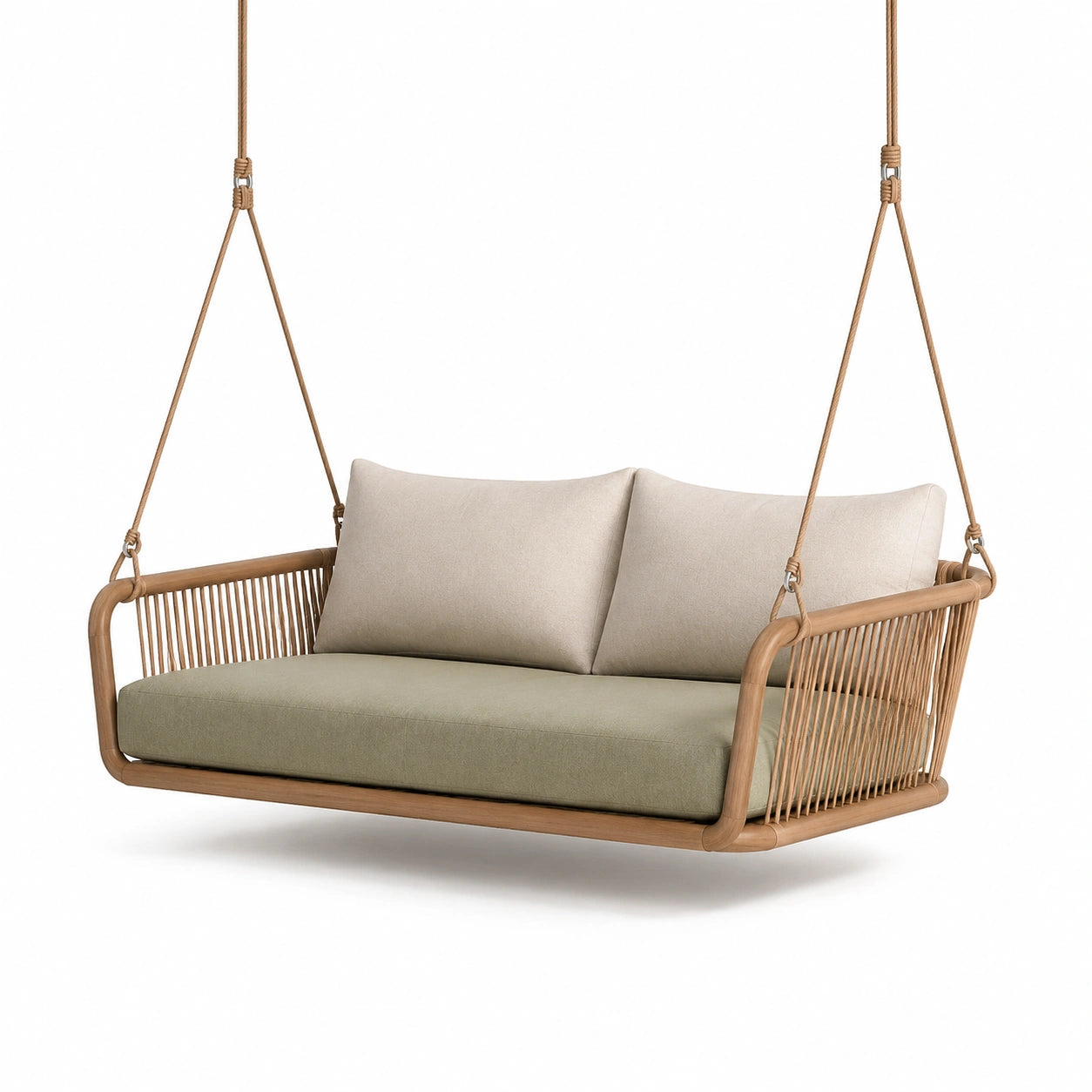 Dondolo sospeso in legno con cuscini in tessuto beige e verde