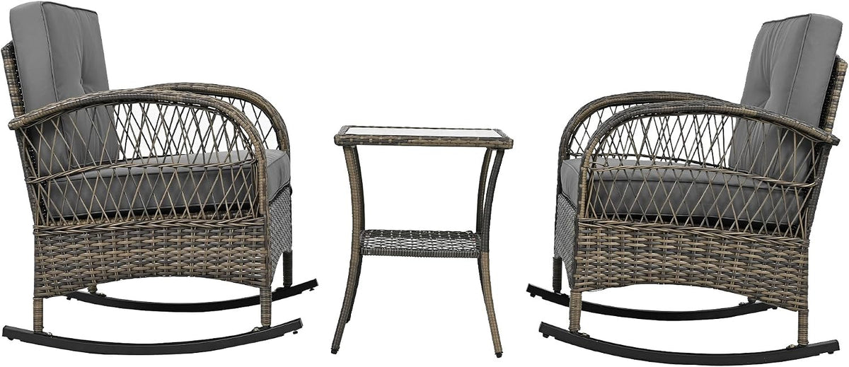 Azkoeesy Poltrona a dondolo, 3 pezzi, Grigio, rattan, vetro temperato, con cuscini, per giardino e terrazzo