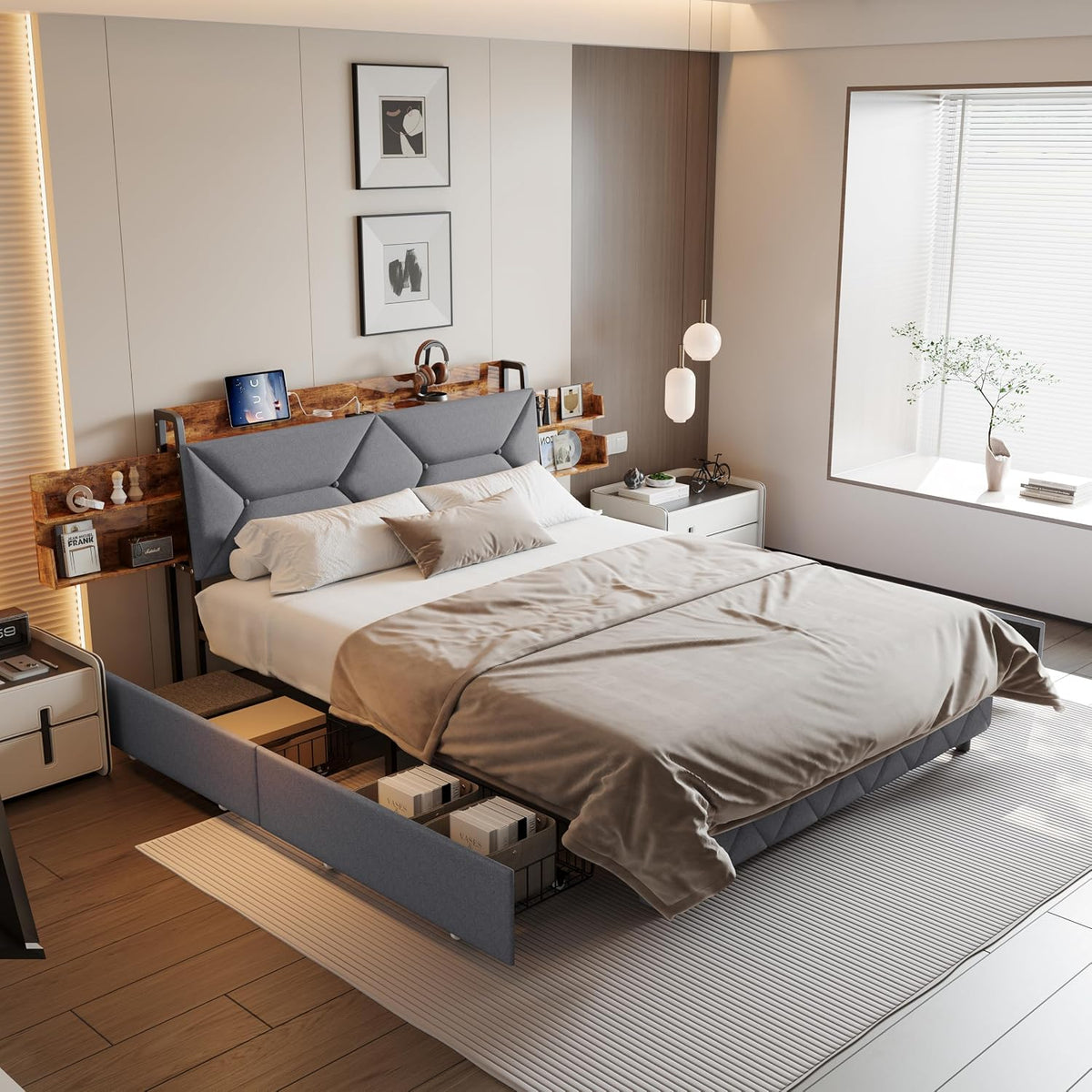 Struttura letto BIYFSDS, imbottito, 4 cassetti, matrimoniale, Grigio, misura 140 × 200, per camera da letto