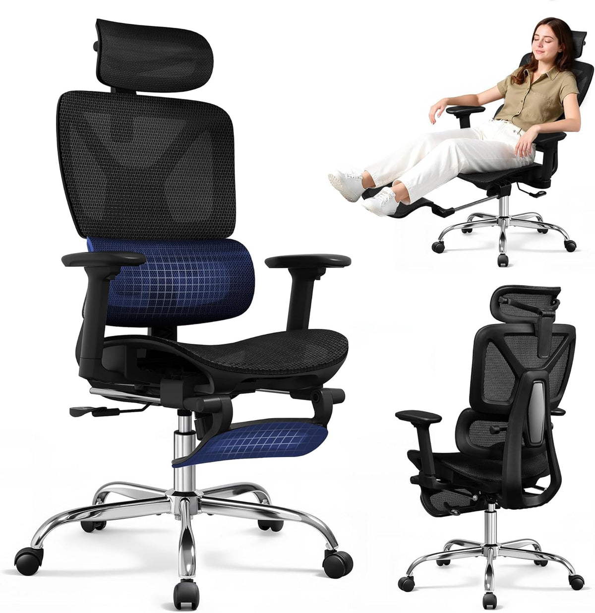 Sedia da ufficio DEVAISE, regolabile, con poggiapiedi, con poggiatesta, con braccioli, ergonomica, per ufficio