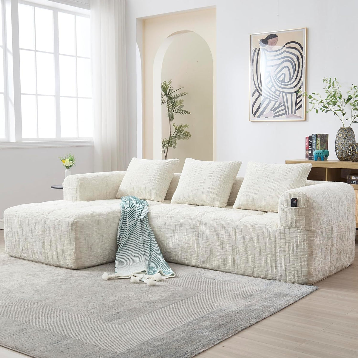 Divano Soweiz, SVANO 3, 3 posti, Beige, 250 × 158 × 60cm, ciniglia, con cuscini, con braccioli, per soggiorno