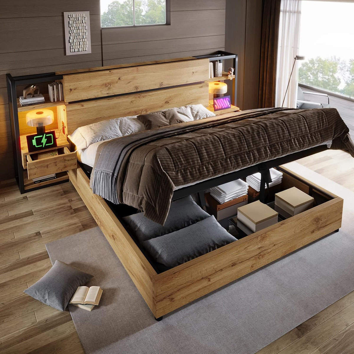 Letto Kebnor, matrimoniale, Rovere, 160 × 200 cm, legno, con contenitore, con rete a doghe, con porta USB, per camera da letto