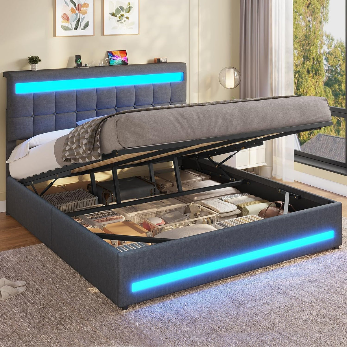 Letto AOGLLATI, matrimoniale, Grigio scuro, 180 × 200 cm, lino, con contenitore, regolabile, con illuminazione LED, con porta USB