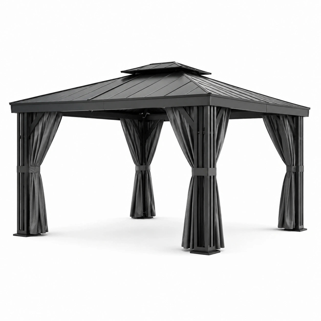 Gazebo in Metallo con Tende in Poliestere Nero