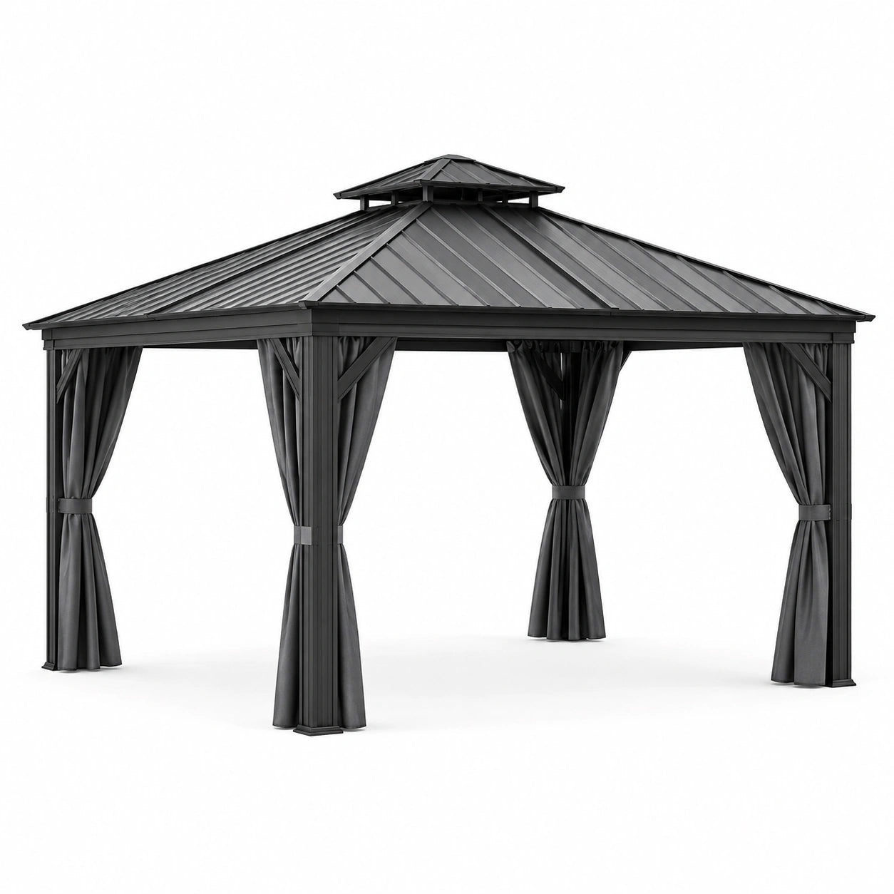 Gazebo in metallo nero 300x300 cm con tende in poliestere