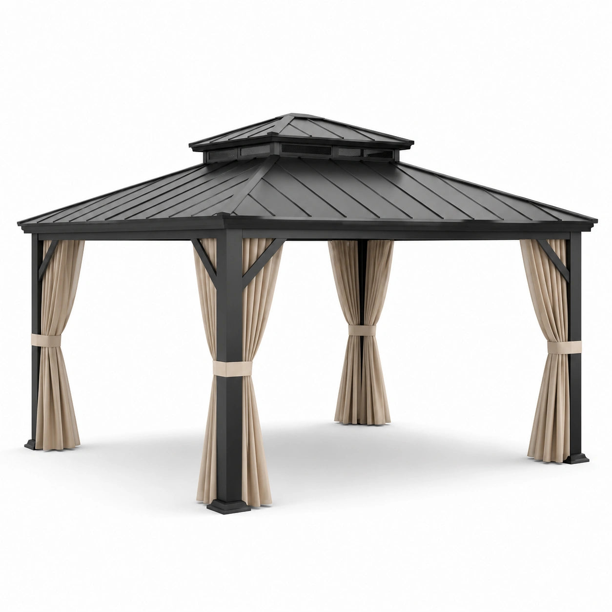 Gazebo da Giardino in Alluminio con Tetto in Metallo e Tende in Poliestere Beige