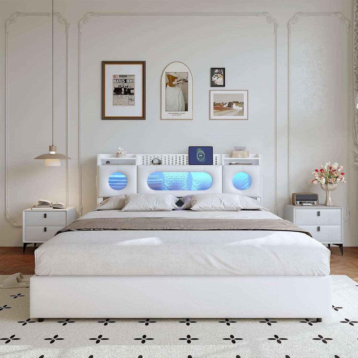 Letto Yeutre, 160 × 200 cm, Bianco, matrimoniale, con contenitore, imbottito, similpelle, materasso non incluso, per camera da letto