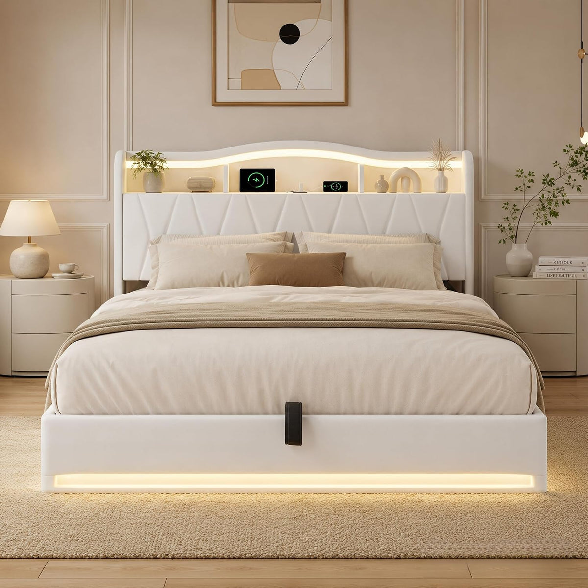 Letto contenitore YGHQAP, matrimoniale, 160 × 200 cm, misura 160 × 200, velluto, Beige, con contenitore, con porta USB, imbottito