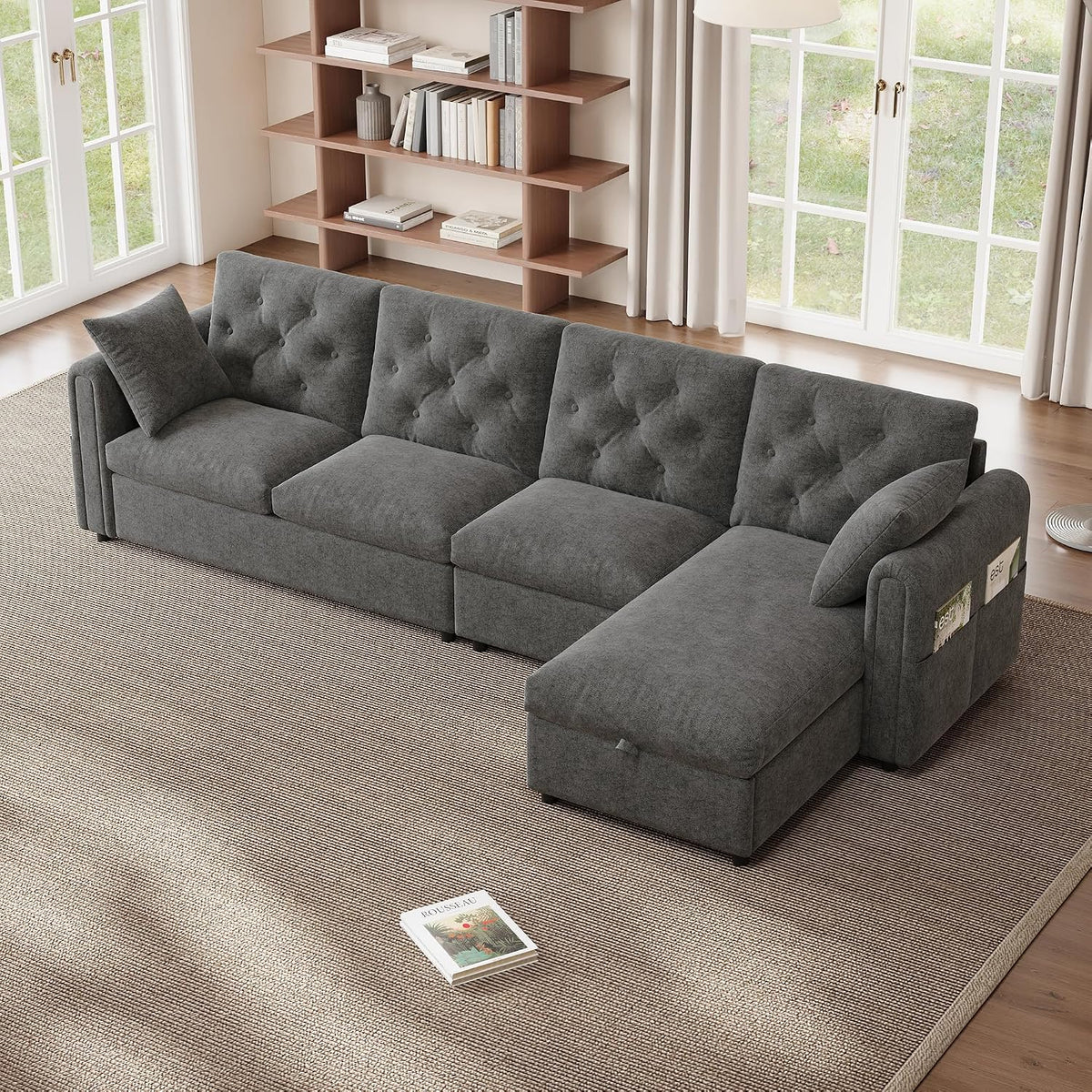 Divano angolare ZKLOEP, regolabile, con braccioli, 281 × 86 × 71 cm, Grigio, velluto, per soggiorno