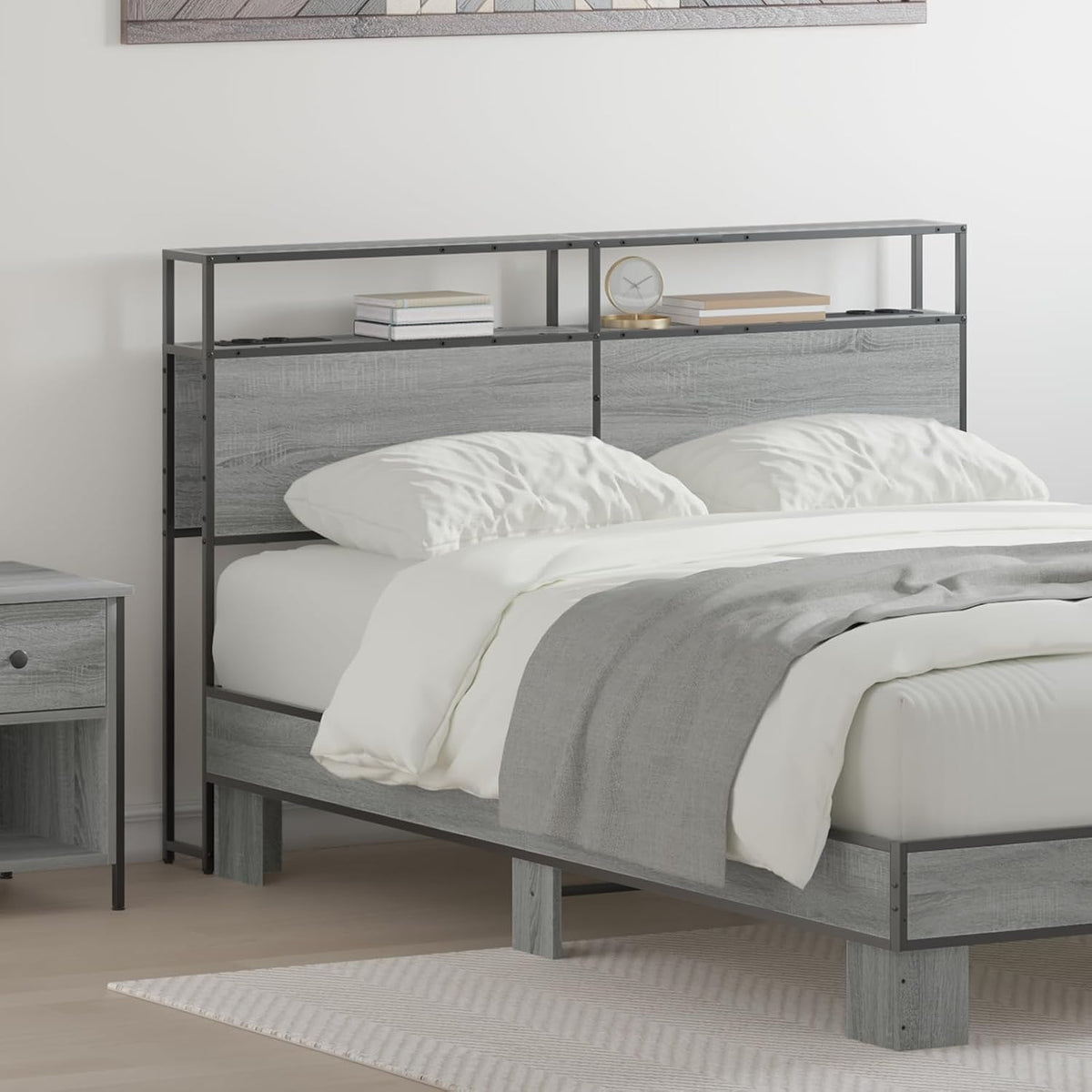 JHQHSM Testiera, 135 cm, Grigio, legno, metallo, con porta USB, per camera da letto
